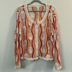 Women’s Tribal Jeans pink multi color Crochet Button-Front Cardigan